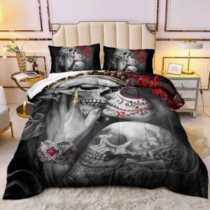 dycolor 3d red flowers girl sugar kiss skull printed quilt, 3-piece gothic crown skull skeleton comforter set with 1 comforter and 2 pillow cases for kids women and men (queen)