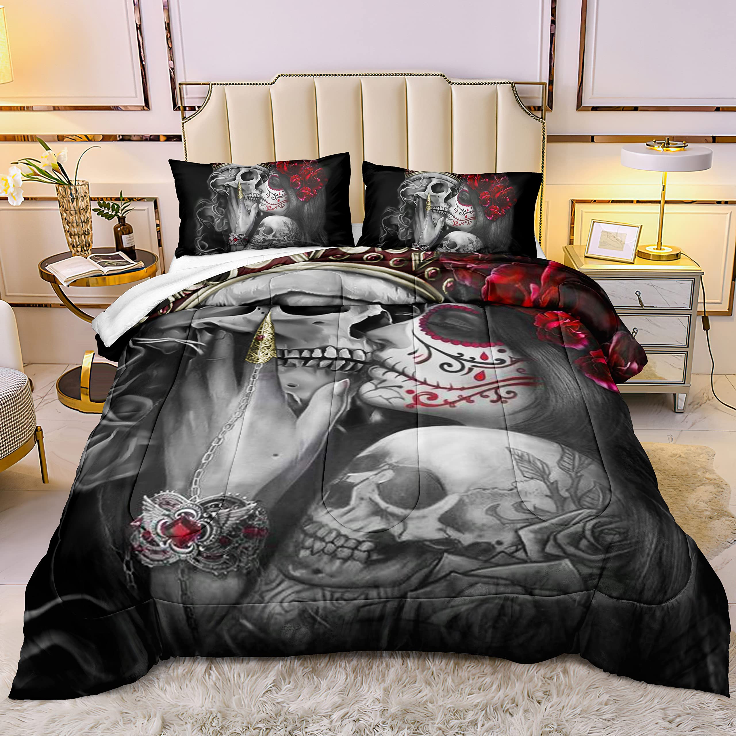 DYcolor 3D Red Flowers Girl Sugar Kiss Skull Printed Quilt, 3-Piece Gothic Crown Skull Skeleton Comforter Set with 1 Comforter and 2 Pillow Cases for Kids Women and Men (Queen)