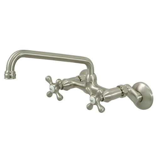 Kingston Brass KS200SN Kingston Two-Handle Adjustable Center Wall Mount Kitchen Faucet, 10 inch in Spout Reach, Brushed Nickel