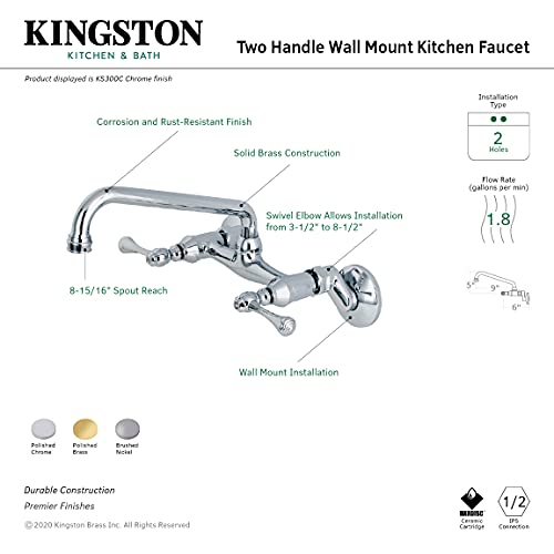 Kingston Brass KS300SN Kingston Two-Handle Adjustable Center Wall Mount Kitchen Faucet, Brushed Nickel