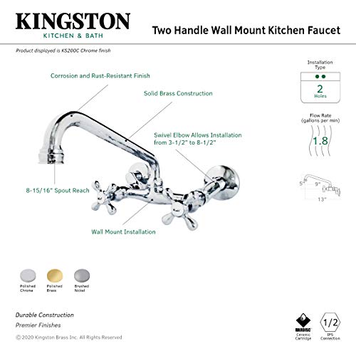 Kingston Brass KS200C Kingston Two-Handle Adjustable Center Wall Mount Kitchen Faucet, 10 inch in Spout Reach, Polished Chrome