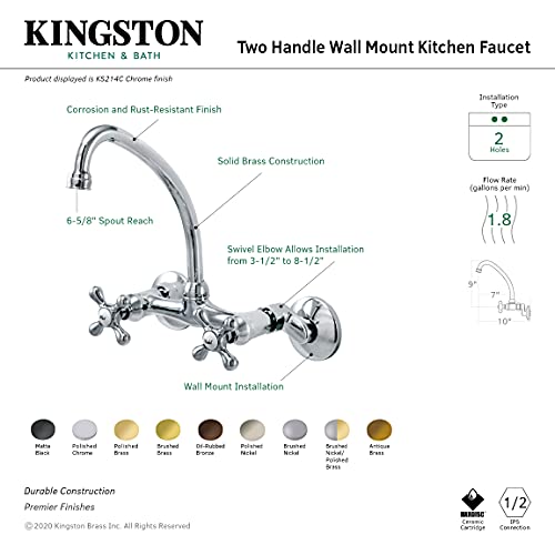 Kingston Brass KS214C Kingston Adjustable Center Wall Mount Kitchen Faucet, Polished Chrome, 9.13 x 6.25 x 6