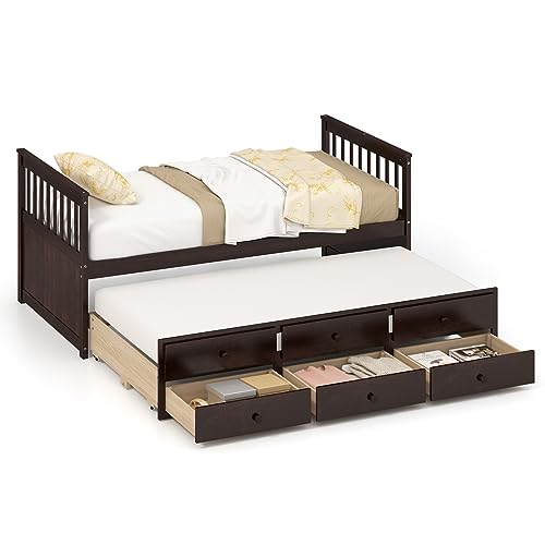 DORTALA Trundle Bed Twin Size, Wooden Daybed w/Trundle and 3 Storage Drawers, No Box Spring Required, Modern Captains Bed Frame for Boys Girls Adults, Great for Bedroom, Guest Room, Espresso