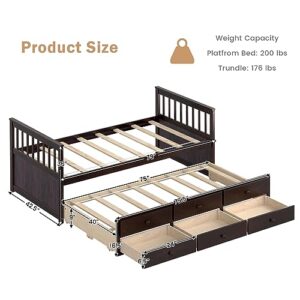 DORTALA Trundle Bed Twin Size, Wooden Daybed w/Trundle and 3 Storage Drawers, No Box Spring Required, Modern Captains Bed Frame for Boys Girls Adults, Great for Bedroom, Guest Room, Espresso