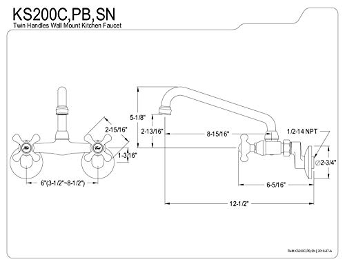 Kingston Brass KS200SN Kingston Two-Handle Adjustable Center Wall Mount Kitchen Faucet, 10 inch in Spout Reach, Brushed Nickel