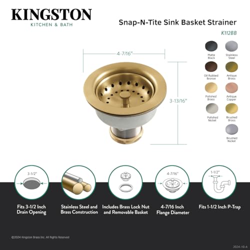 Gourmet Scape Kingston K112BB Tacoma Snap-N-Tite Sink Basket Strainer, Brushed Brass, 4-7/16 Inch Diameter