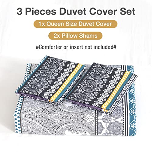 Lekesky Boho Duvet Cover Queen Size, Bohemian Purple Blue Retro Floral Print Comforter Cover Set, 3pcs Luxury Soft Microfiber Bedding Set with Zipper Ties