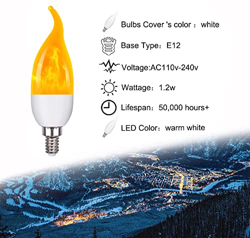 Ladiwanka E12 LED Candelabra Flame Light Bulbs for Outdoor Use, 3 Mode 1.2 Watt 1800K Warm White Orange Led Flame Bulb, Halloween Christmas Light Bulb, 4 Packs