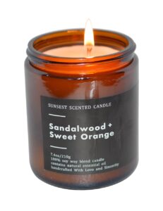 sunsest scented candle - for home and gifts- sandalwood and sweet orange -natural soy wax - women and men candles - long lasting-stress relief