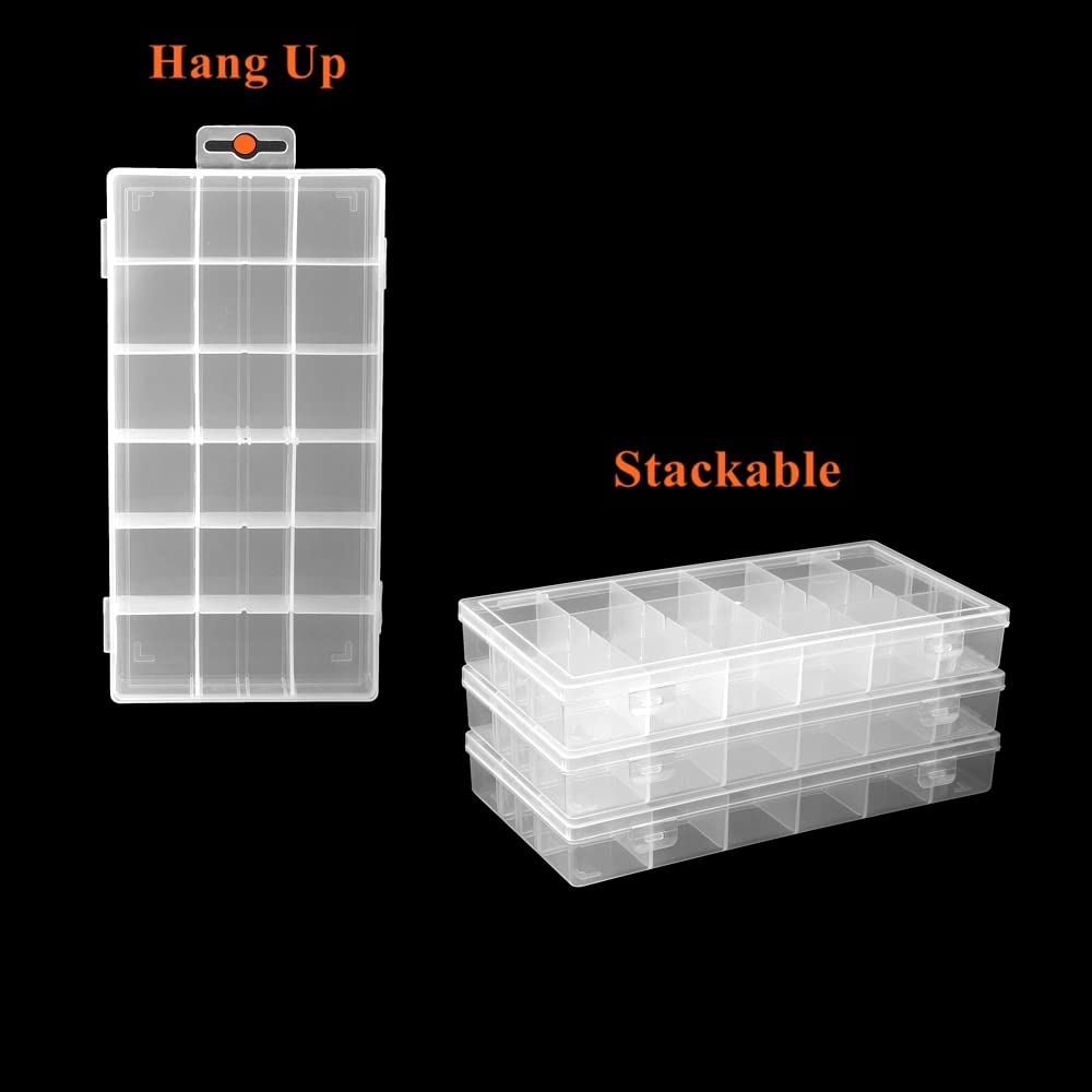 BangQiao 4 Pack Adjustable 18 Grids Clear Plastic Compartment Container Case, Transparent Organizer Storage Divider Box for Hardware,Screw,Nail, Fastener, Hanging Kit, Wall Anchor, Wedge