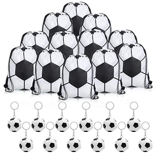 Reginary 24 Pcs Sports Team Gifts Drawstring Bag and Keychain Set Basketball Baseball Volleyball Football Softball Soccer Party Favors Cinch Bags Team Gifts Accessories(Soccer)