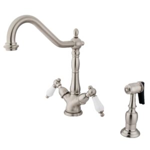 kingston brass ks1238plbs heritage 2-handle kitchen faucet with brass sprayer, 8-9/16 inch in spout reach, brushed nickel