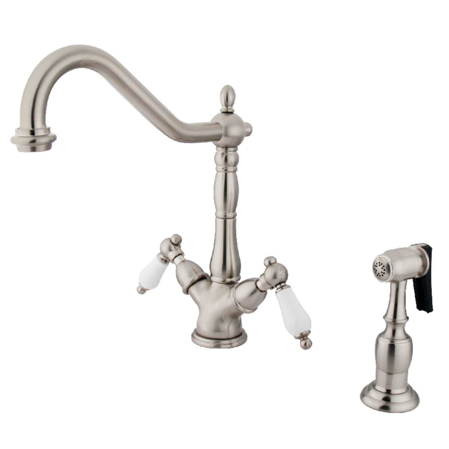 Kingston Brass KS1238PLBS Heritage 2-Handle Kitchen Faucet with Brass Sprayer, 8-9/16 inch in Spout Reach, Brushed Nickel