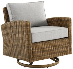 crosley furniture bradenton swivel rocker outdoor chair, wicker patio chairs for porch, deck, balcony, brown with gray cushions