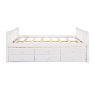 Bellemave Full Daybed with Trundle and Storage Drawers Wood Full Size Bed Frame with 3 Drawers Wooden Platform Beds for Kids Boys Girls Teens, White