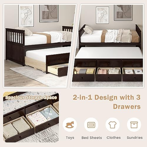 DORTALA Trundle Bed Twin Size, Wooden Daybed w/Trundle and 3 Storage Drawers, No Box Spring Required, Modern Captains Bed Frame for Boys Girls Adults, Great for Bedroom, Guest Room, Espresso