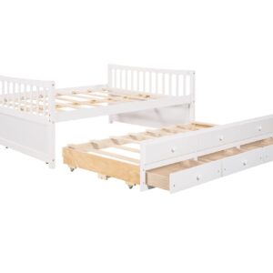 Bellemave Full Daybed with Trundle and Storage Drawers Wood Full Size Bed Frame with 3 Drawers Wooden Platform Beds for Kids Boys Girls Teens, White