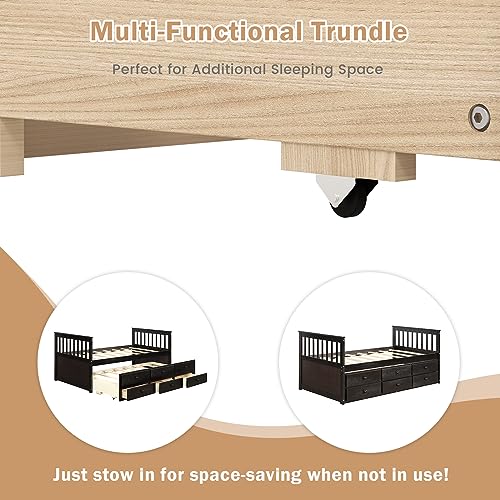 DORTALA Trundle Bed Twin Size, Wooden Daybed w/Trundle and 3 Storage Drawers, No Box Spring Required, Modern Captains Bed Frame for Boys Girls Adults, Great for Bedroom, Guest Room, Espresso