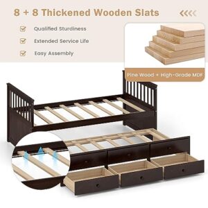 DORTALA Trundle Bed Twin Size, Wooden Daybed w/Trundle and 3 Storage Drawers, No Box Spring Required, Modern Captains Bed Frame for Boys Girls Adults, Great for Bedroom, Guest Room, Espresso