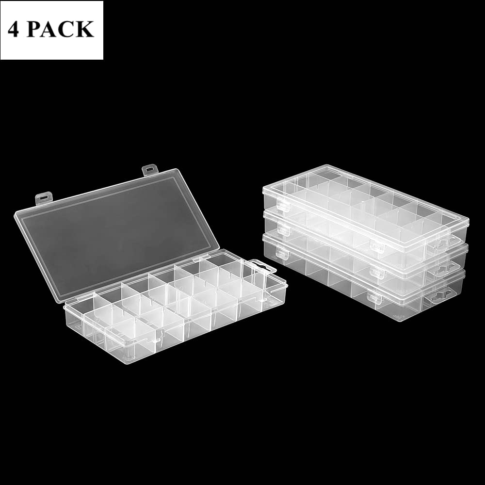 BangQiao 4 Pack Adjustable 18 Grids Clear Plastic Compartment Container Case, Transparent Organizer Storage Divider Box for Hardware,Screw,Nail, Fastener, Hanging Kit, Wall Anchor, Wedge