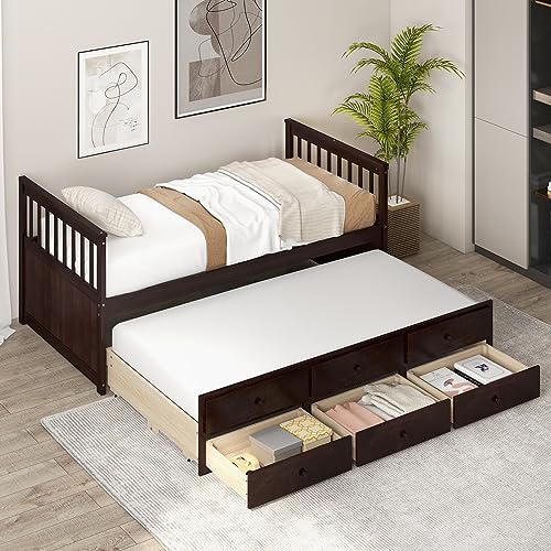 DORTALA Trundle Bed Twin Size, Wooden Daybed w/Trundle and 3 Storage Drawers, No Box Spring Required, Modern Captains Bed Frame for Boys Girls Adults, Great for Bedroom, Guest Room, Espresso