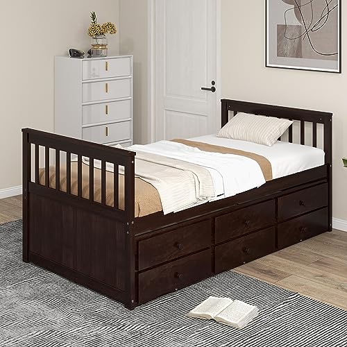 DORTALA Trundle Bed Twin Size, Wooden Daybed w/Trundle and 3 Storage Drawers, No Box Spring Required, Modern Captains Bed Frame for Boys Girls Adults, Great for Bedroom, Guest Room, Espresso