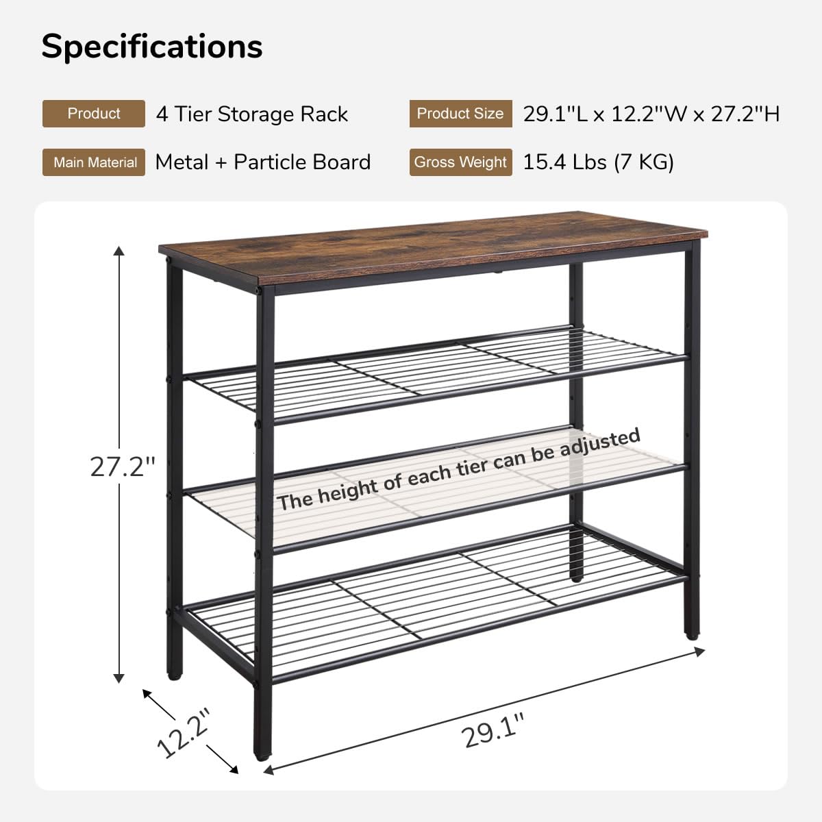 HQXING 4-Tier Shoe Rack Organizer, Metal Mesh Shoe Storage Shelf, for Entryway, Hallway, Closet, Dorm Room, Industrial, Rustic Brown