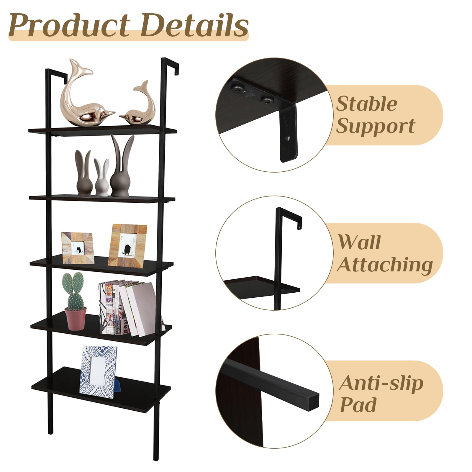 Karl home Ladder Shelf 5 Tier Wall Mounted Bookcase with Metal Frame, Open Design Shelves for Living Room, Bedroom, Home, Dark Walnut (23.62" L x 11.81" W x 70.87" H)