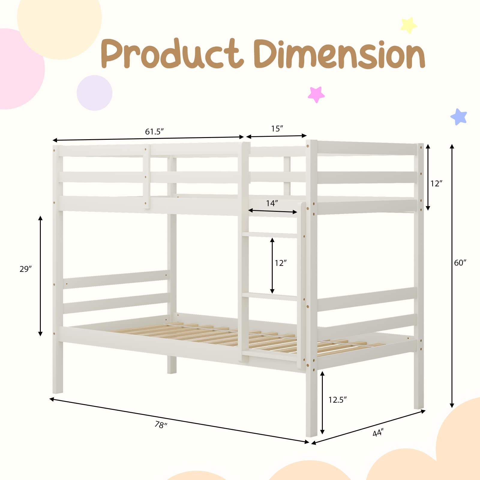 KOMFOTT Wood Bunk Bed Twin Over Twin, Bunk Bed with Ladder & Safety Guardrail, Solid Wood Bed Frame, Ideal for Dormitory & Multiple-Child Family, No Box Spring Needed, Kids Bunk Bed