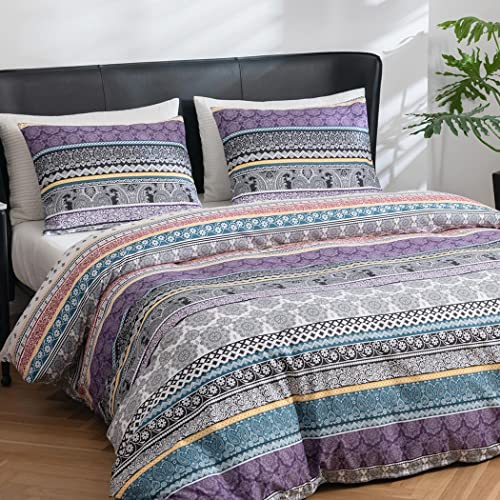 Lekesky Boho Duvet Cover Queen Size, Bohemian Purple Blue Retro Floral Print Comforter Cover Set, 3pcs Luxury Soft Microfiber Bedding Set with Zipper Ties