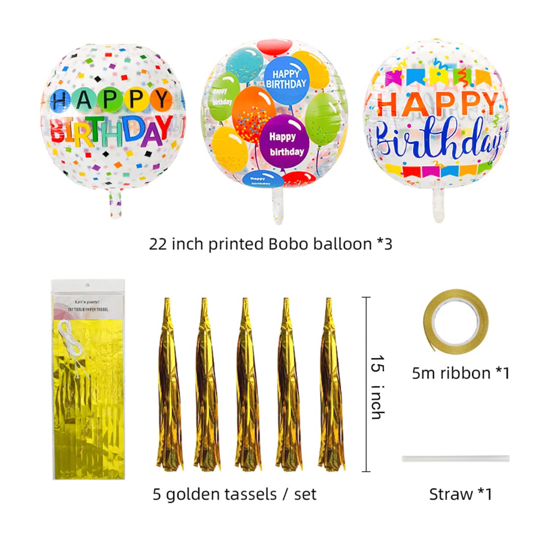 22”Bobo Balloons Printed "HAPPY BIRTHDAY" 4D Balloons Shiny Gold Tassels Happy Birthday for Party Decoration Supplies