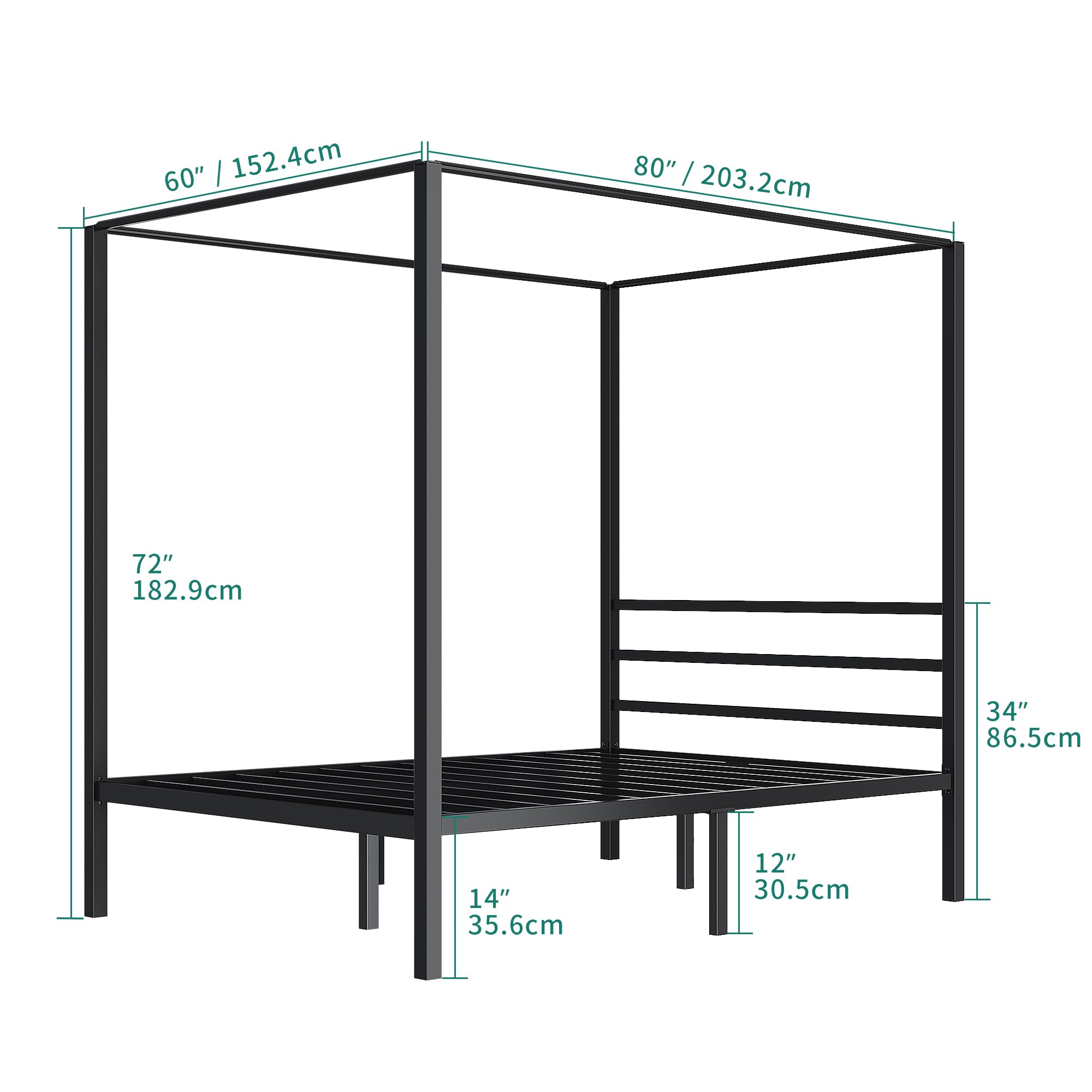 YITAHOME Canopy Bed Frame Metal Four Posters 14 Inch Platform with Built-in Headboard Strong Metal Slat Mattress Support, No Box Spring Needed, Black, Queen Size