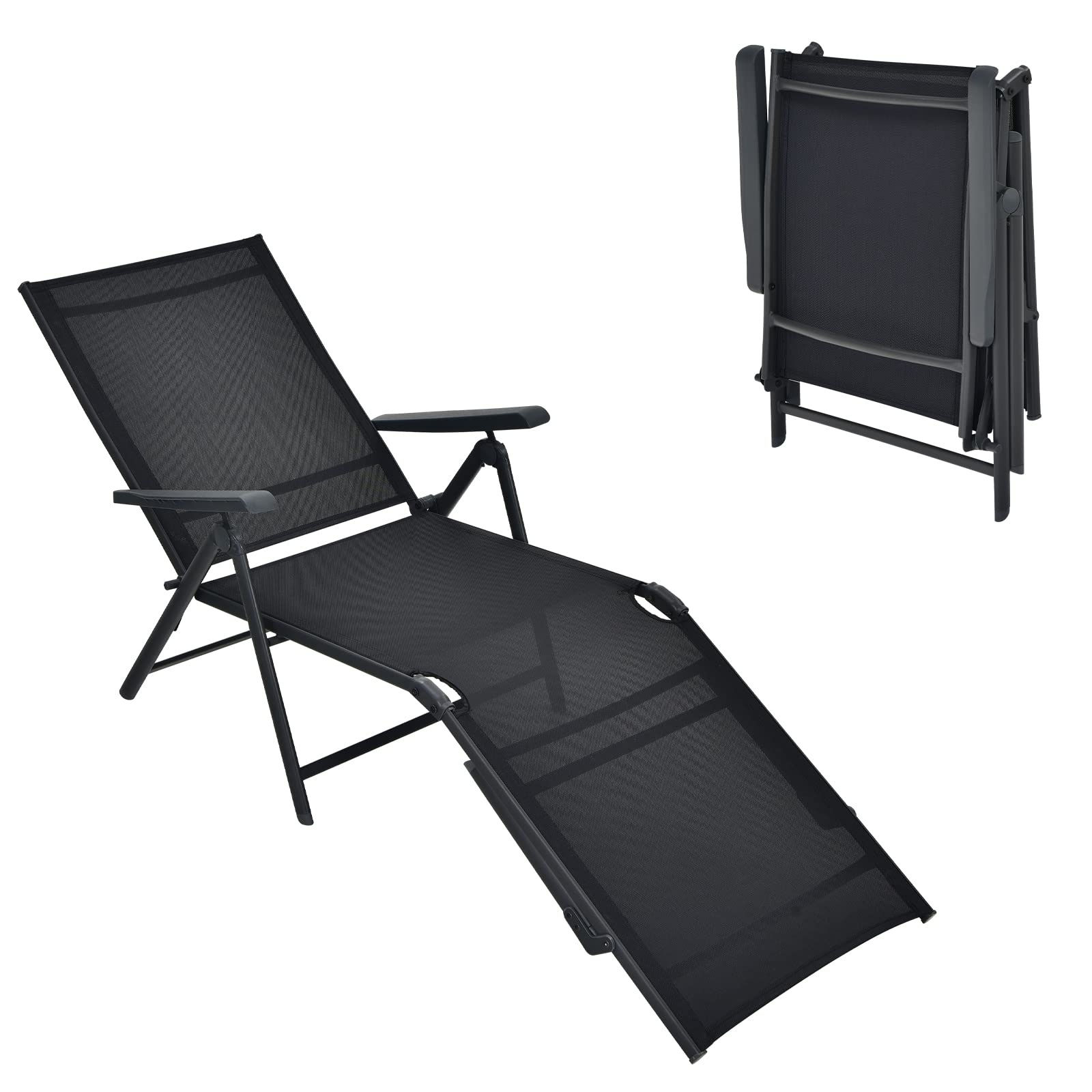 Tangkula Folding Lounge Chair Outdoor, Recliner Chaise Lounge with 5-Position Adjustable Backrest & 2-Position Footrest, No Assembly Required, Suitable for Patio Poolside Beach Yard (1, Black)