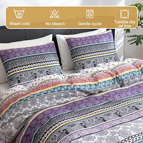 Lekesky Boho Duvet Cover Queen Size, Bohemian Purple Blue Retro Floral Print Comforter Cover Set, 3pcs Luxury Soft Microfiber Bedding Set with Zipper Ties