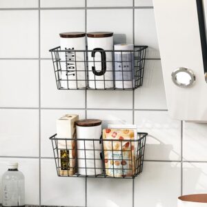 Hanging Kitchen Baskets For Storage Adhesive Small Wire Storage Baskets No Drilling Wall Mounted Shelf with Kitchen Food Pantry Bathroom Shelf Storage, 2 PACK, Black