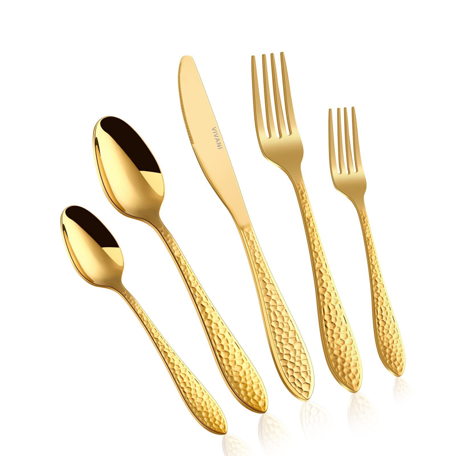 VIVANI Arlox 40-Piece Gold Vintage Silverware Set, Hammered Gold Flatware Set for 8, Stainless Steel Gold Utensils Cutlery Set, Mirror Polished, Dishwasher Safe