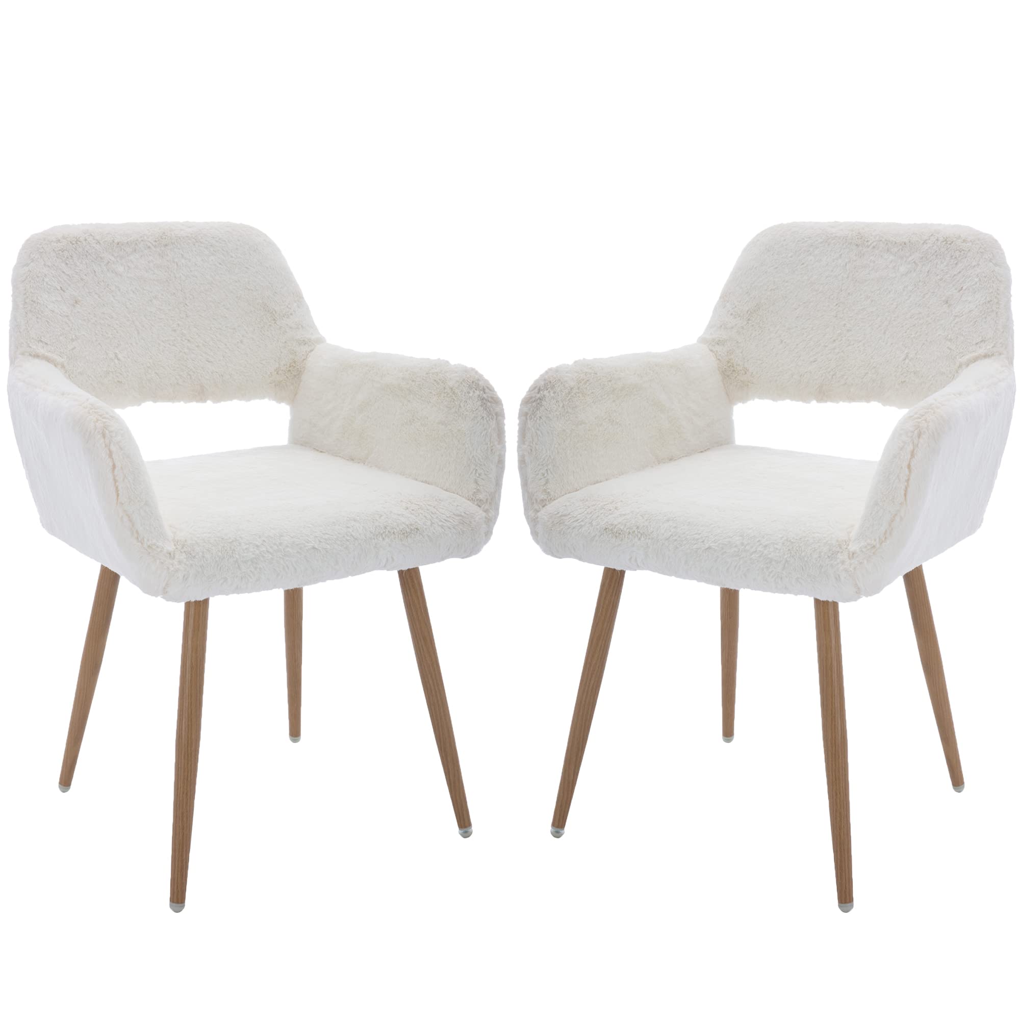 Furry Desk Chair Set of 2, Mid-Century Modern Accent Faux Fur Chair for Teen Girls, Comfy Armchair with Wood Look Metal Legs for Living Dining Room, Home Vanity Makeup Office Desk Chair No Wheel,White