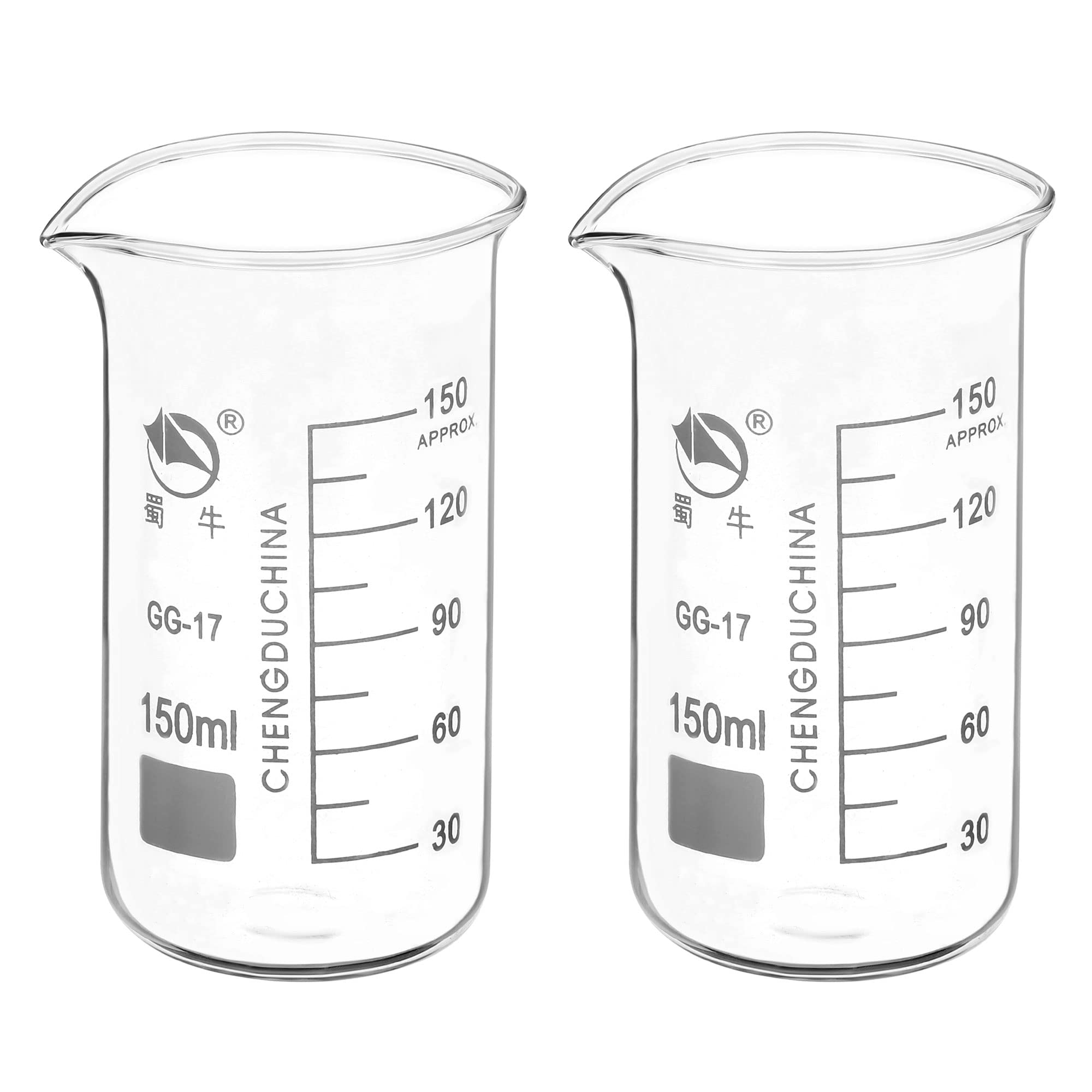 PATIKIL 150ml Tall Form Glass Beaker, 2 Pack 3.3 Borosilicate Glass Graduated Printed Scale Measuring Cups with Spout for Kitchen Lab Liquids Transit Boiling