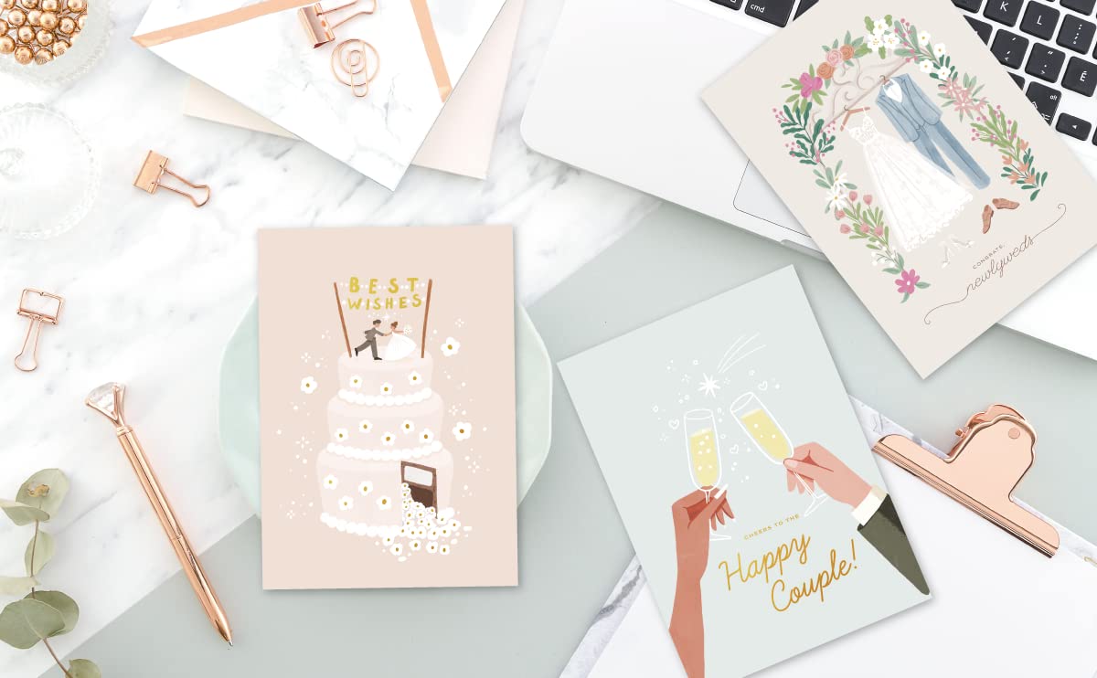 Wedding Cards for the Bride and Groom with Envelopes 5”x7”, Pack of 10 Assorted Cards, Blank Notes for Wedding Congratulations Card Bridal Showers Engagement Parties, Chic Designs with Real Gold Foil