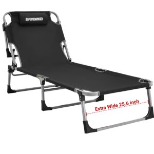 FUNDANGO Outdoor Folding Chaise Lounge Chair with Pillow for Beach, Patio, Pool, Lawn, Sunbathing, 5-Position Adjustable Camping Reclining Chair for Adults, Widened