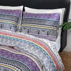 Lekesky Boho Duvet Cover Queen Size, Bohemian Purple Blue Retro Floral Print Comforter Cover Set, 3pcs Luxury Soft Microfiber Bedding Set with Zipper Ties