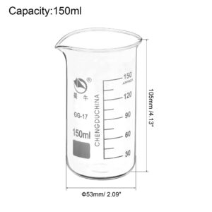 PATIKIL 150ml Tall Form Glass Beaker, 2 Pack 3.3 Borosilicate Glass Graduated Printed Scale Measuring Cups with Spout for Kitchen Lab Liquids Transit Boiling