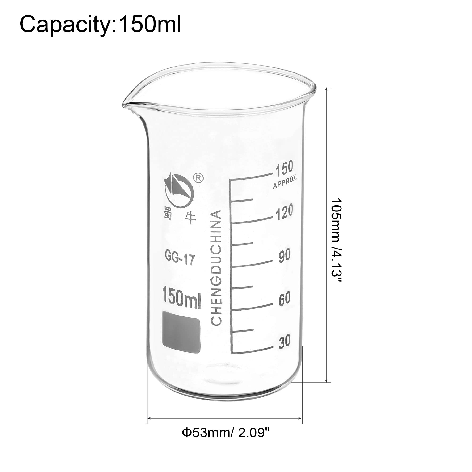 PATIKIL 150ml Tall Form Glass Beaker, 2 Pack 3.3 Borosilicate Glass Graduated Printed Scale Measuring Cups with Spout for Kitchen Lab Liquids Transit Boiling