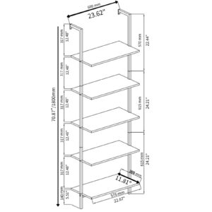 Karl home Ladder Shelf 5 Tier Wall Mounted Bookcase with Metal Frame, Open Design Shelves for Living Room, Bedroom, Home, Dark Walnut (23.62" L x 11.81" W x 70.87" H)