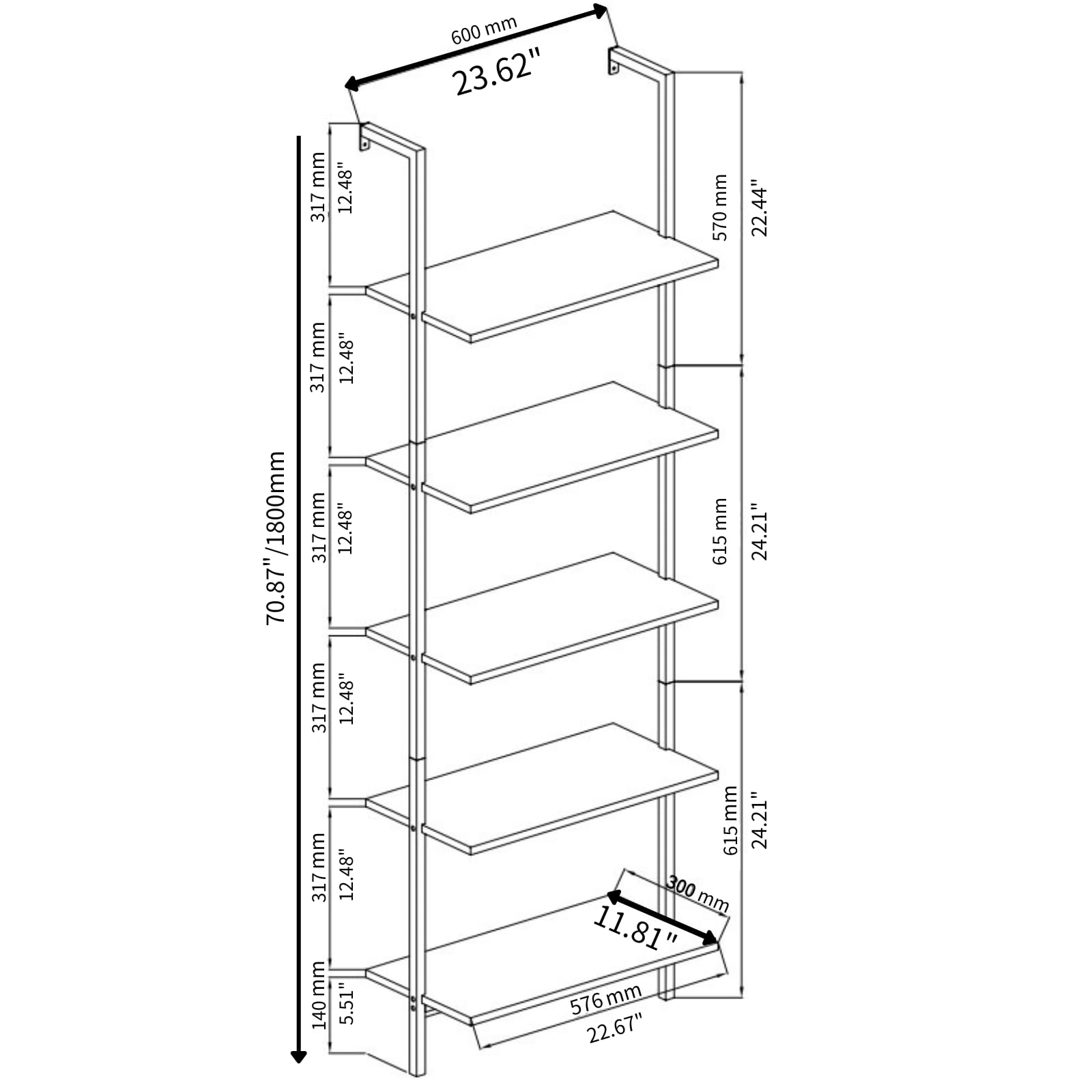 Karl home Ladder Shelf 5 Tier Wall Mounted Bookcase with Metal Frame, Open Design Shelves for Living Room, Bedroom, Home, Dark Walnut (23.62" L x 11.81" W x 70.87" H)