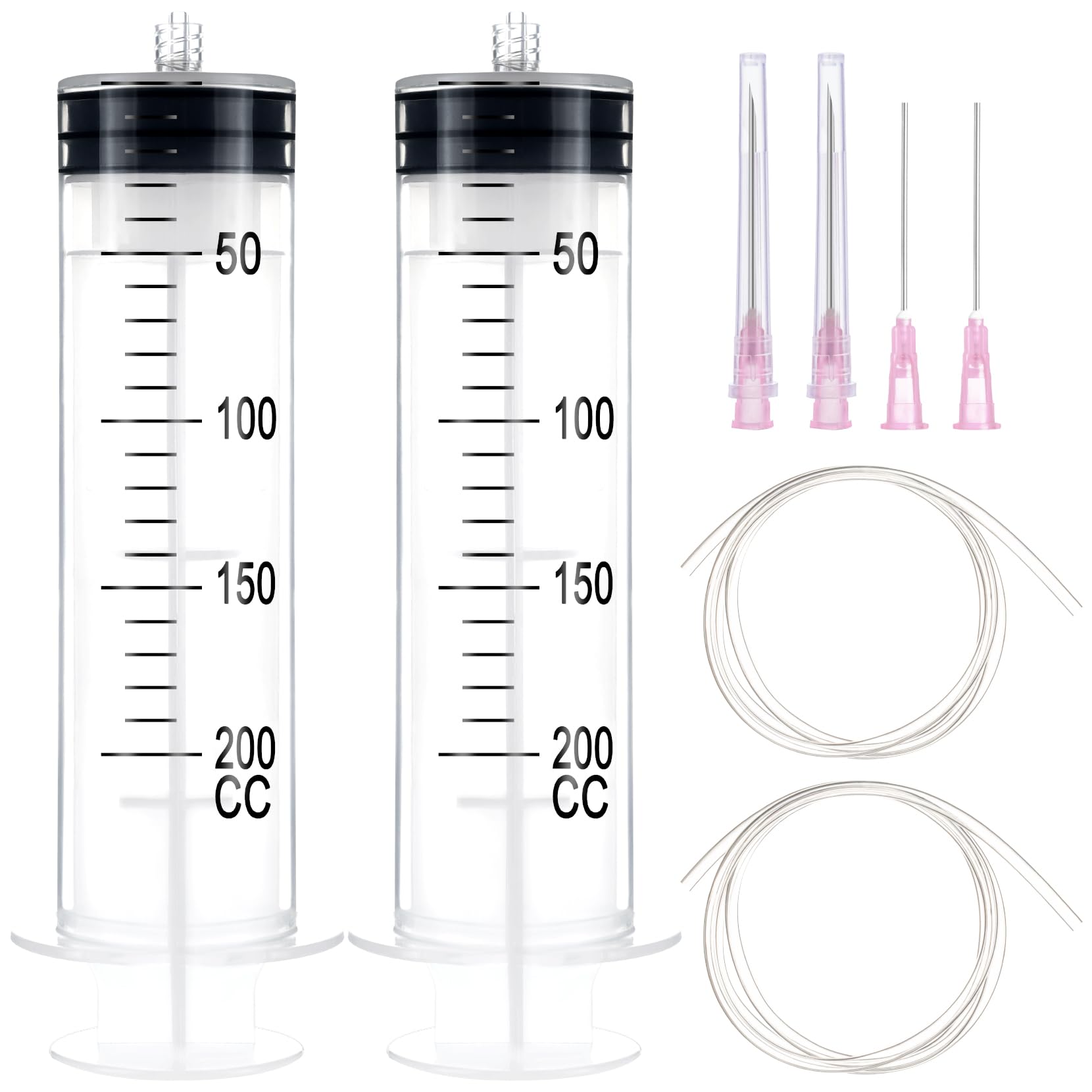 SHAOTONG 200ml Syringe with 2Pcs 40in Handy Plastic Tubing and 18Ga 20Ga Dispensing Needle, for Scientific Labs, Measuring, Watering, Refilling