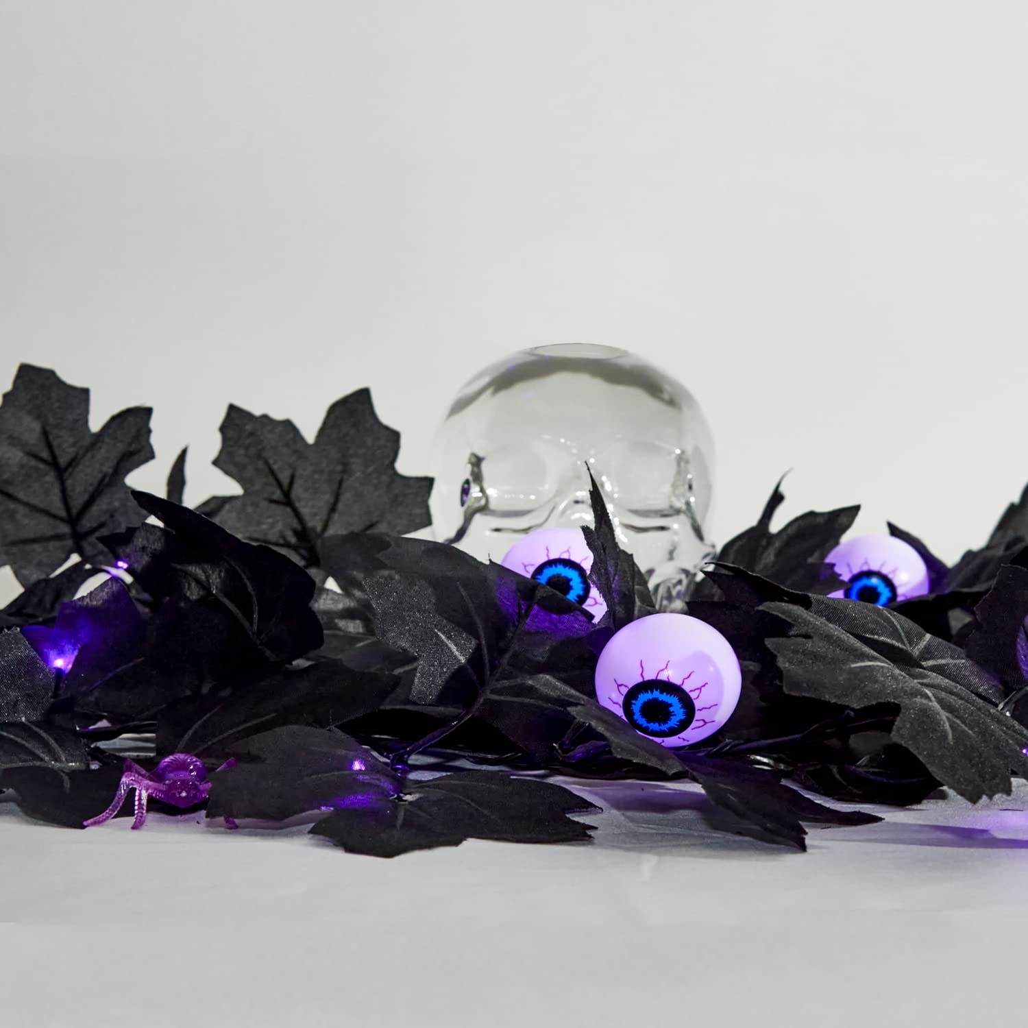 Orindnely Black Maple Garland Halloween Decor Purple Lights Artificial Maple Wreaths for Party Wall Fireplace Outdoor Indoor Yard Parties Haunted House Decoration