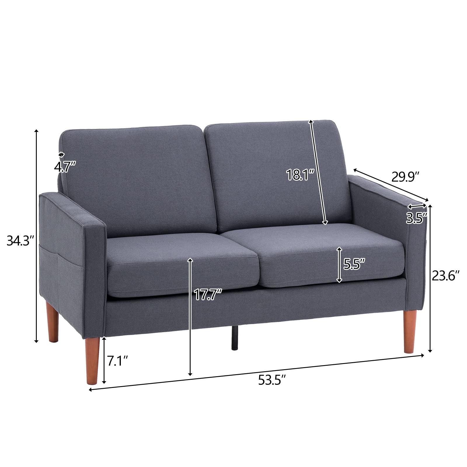 Karl home Loveseat 53.5" Modern Sofa Couch Upholstered Love Seat Furniture 2-Seat Small Sofa for Living Room, Bedroom, Apartment, Studio, Office, Dark Gray