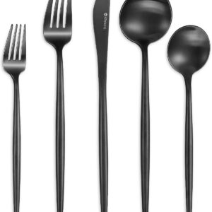 KEAWELL Mia 20-Piece Fine flatware set, 18/10 Stainless Steel, Service for 4, Sleek and Modern Silverware Set. Gift Box. (Matte Black)