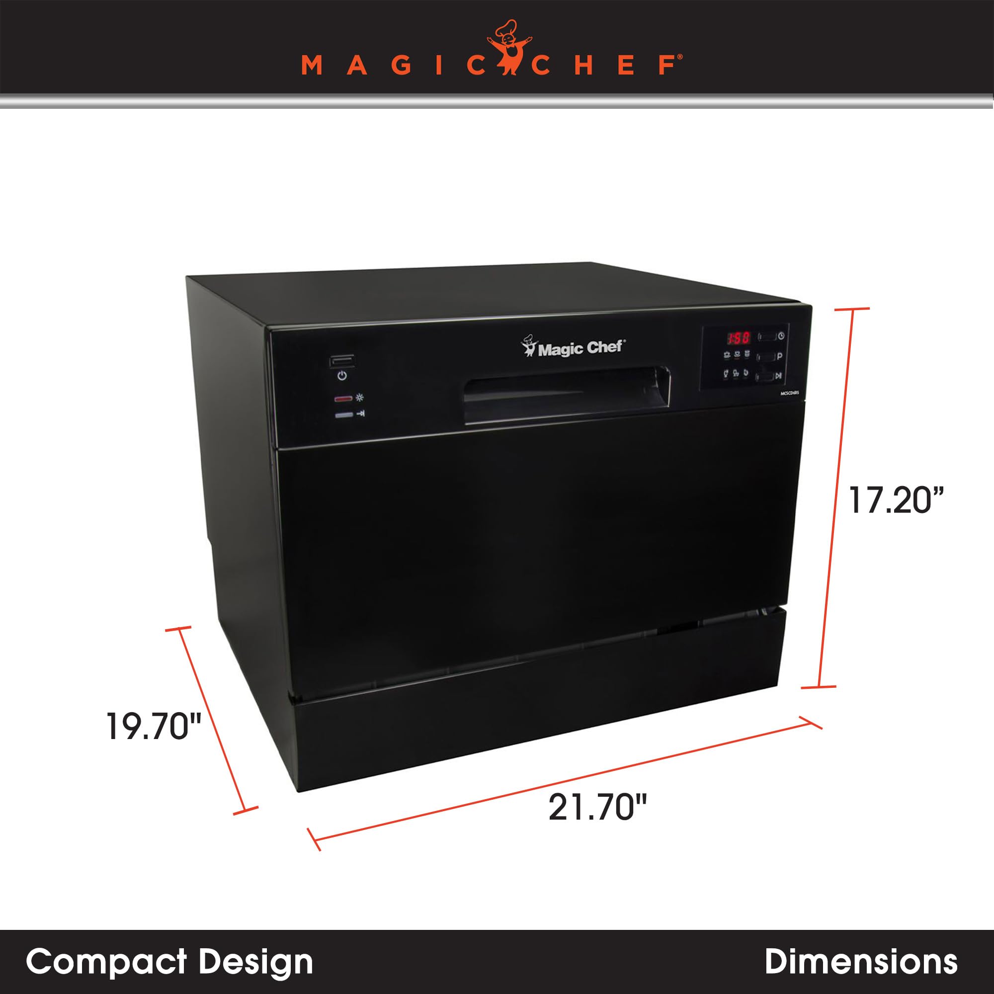 Magic Chef Countertop Standard Portable Dishwasher with Electronic Controls and Organized Interior for Kitchen Small Appliances, Black